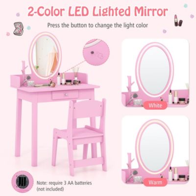 Kids Vanity Set with Lighted Mirror Chair 2-Color LED Lighting for Girls Makeup