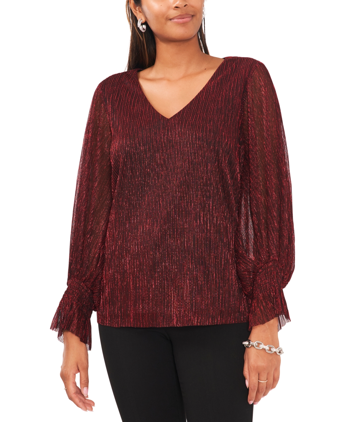 Shop Vince Camuto Women's Metallic V-neck Sheer-sleeve Top In Red