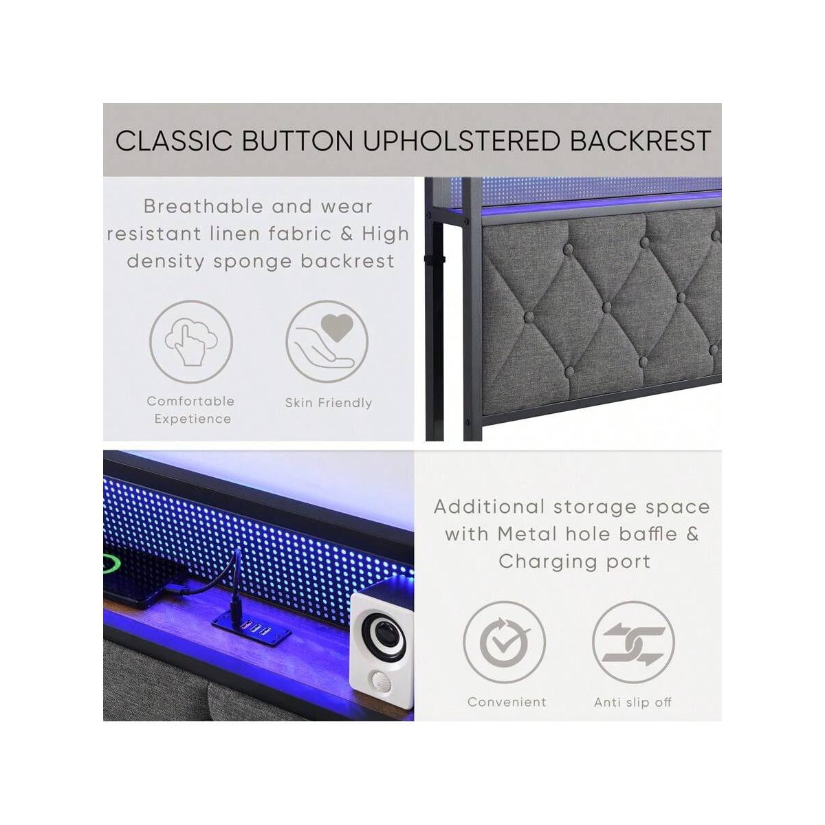 gaomon Full Size Bed With Storage Headboard, Charging Station And Led Lights, Upholstered Platform Bed Frame With Metal Slats, Noise Free, No Box Spri