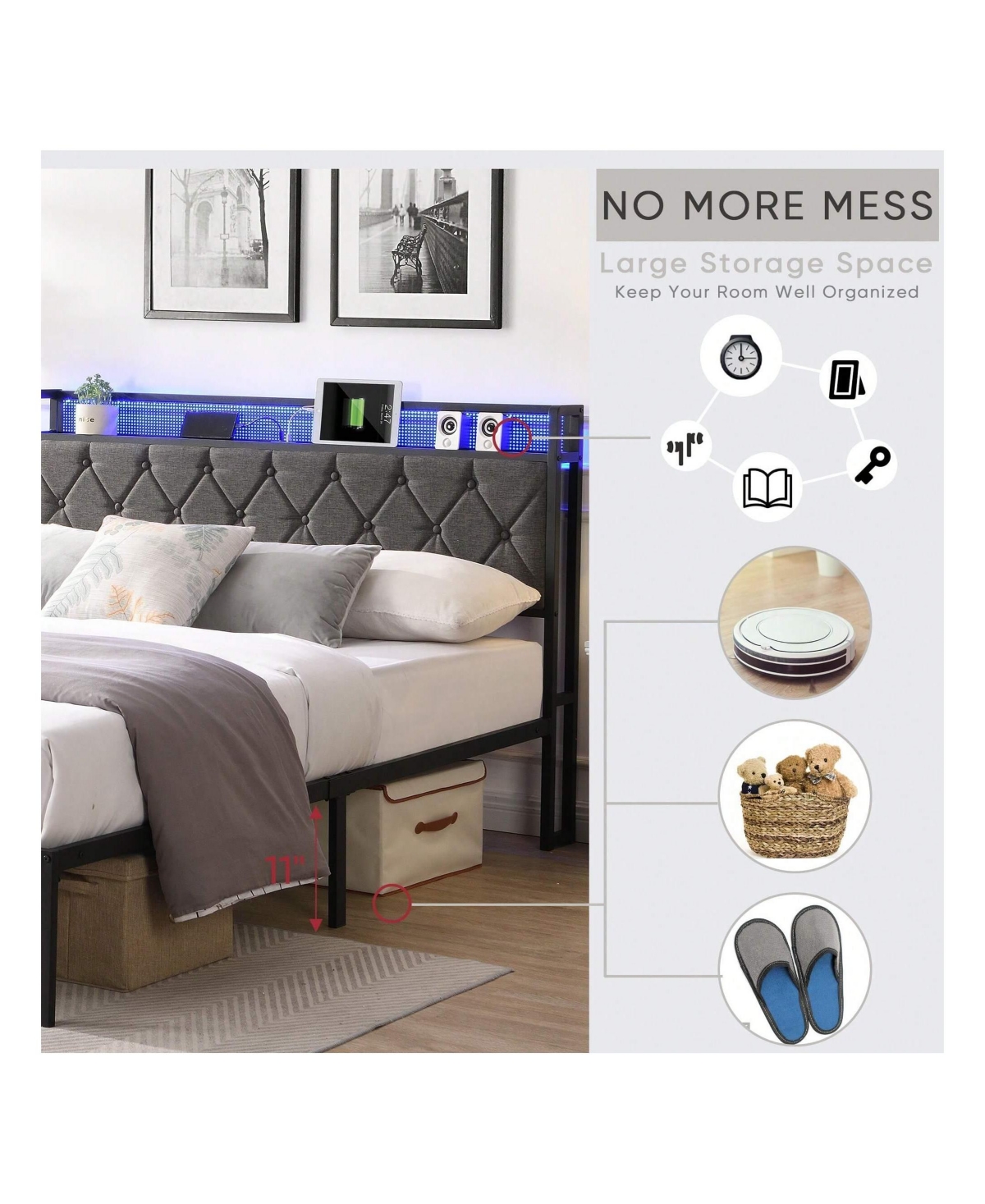 gaomon Full Size Bed With Storage Headboard, Charging Station And Led Lights, Upholstered Platform Bed Frame With Metal Slats, Noise Free, No Box Spri