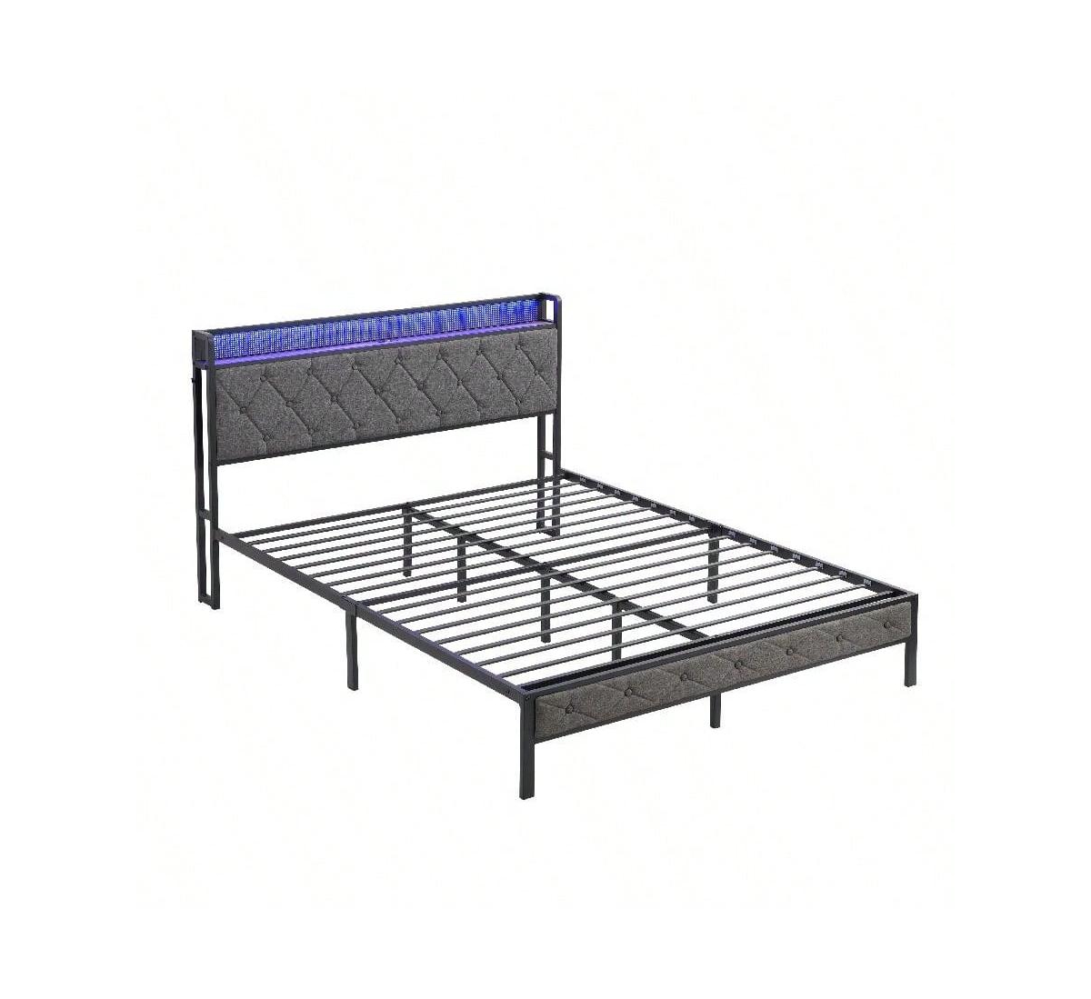 gaomon Full Size Bed With Storage Headboard, Charging Station And Led Lights, Upholstered Platform Bed Frame With Metal Slats, Noise Free, No Box Spri