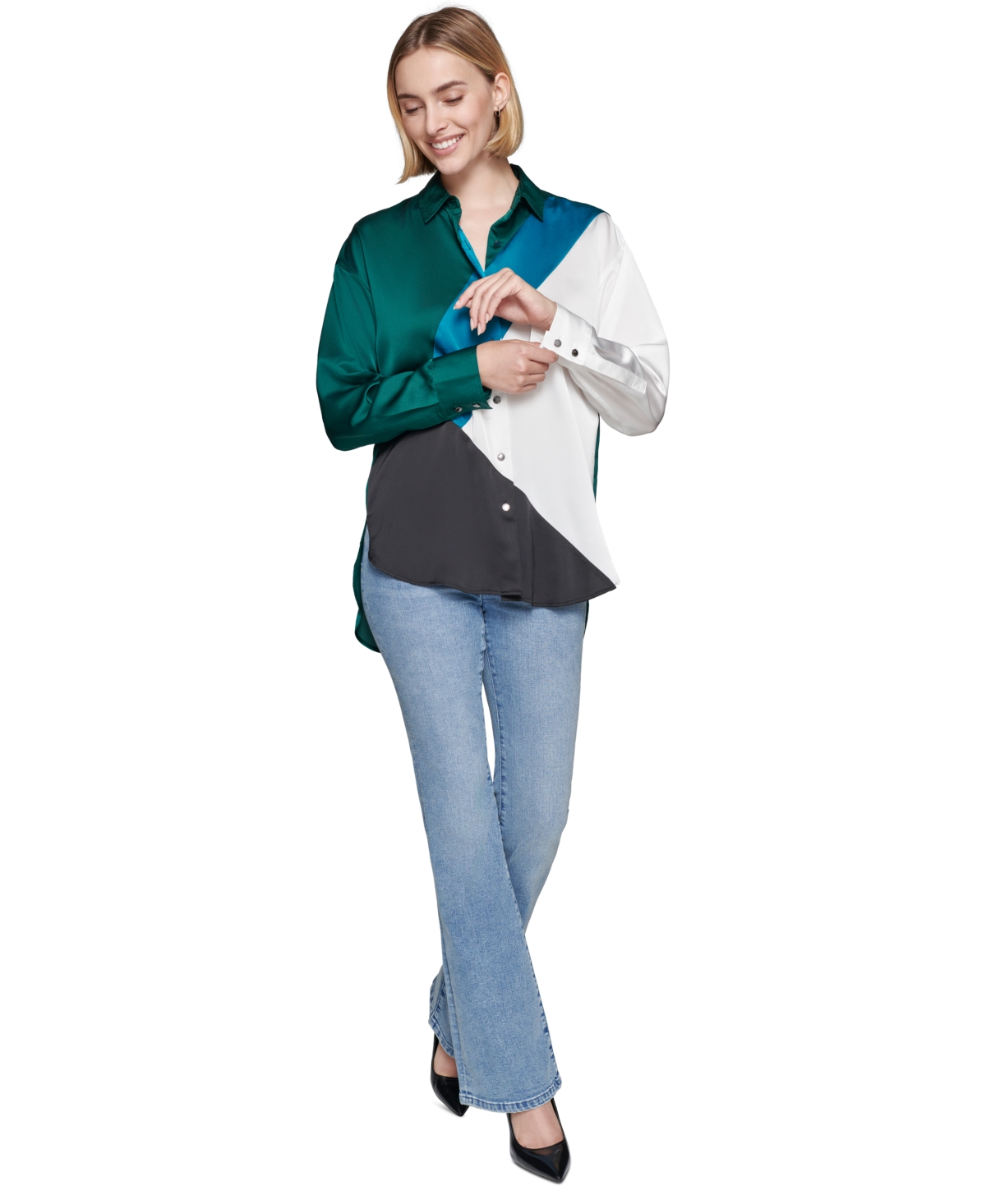 Karl Lagerfeld Paris Women's Colorblocked Satin Button-Front Top