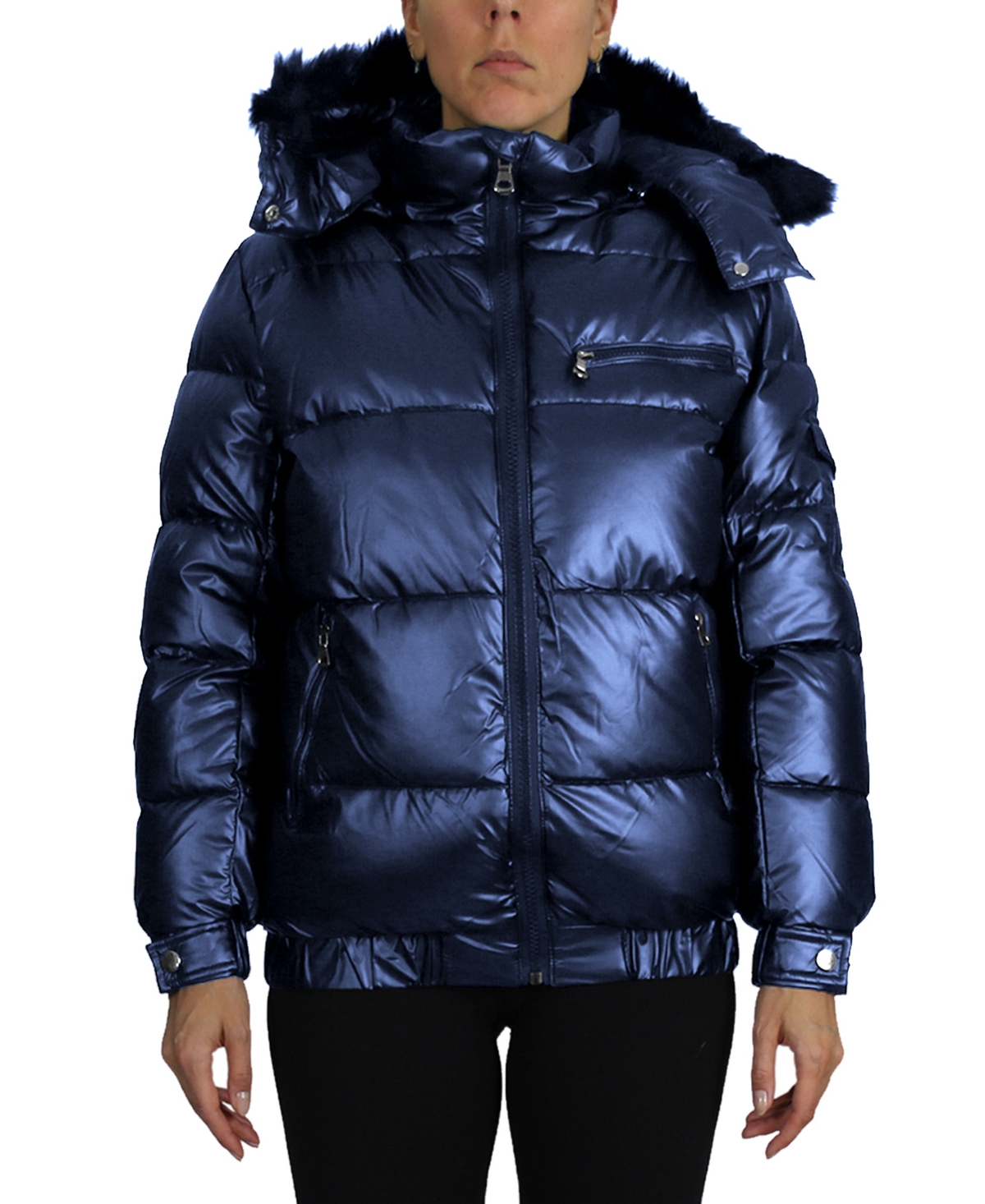 Galaxy By Harvic Women's Full Zip Heavyweight Bubble Jacket With Detachable Faux Fur Hood In Blue