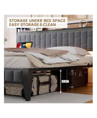 Full/Queen/King Size Bed Frame With Charging Station, LED Bed Frame With Storage Headboard, Upholstered Platform Bed Frame, No Box Spring Needed, Easy Assembly