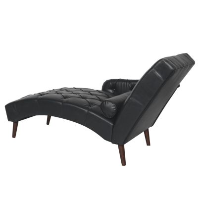 Black Tufted Chaise Lounge with Pillow and Wood Legs