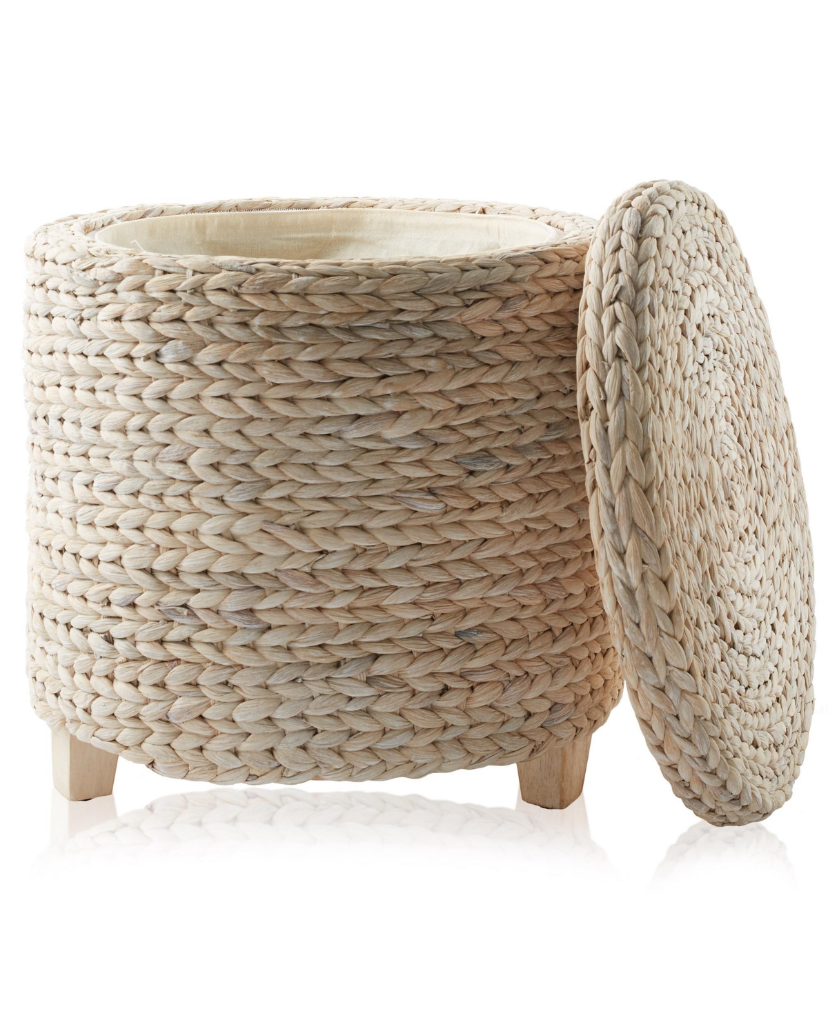 17" Round Storage Ottoman with Lid - Whitewash, Handwoven Footstool for Living Room, Bedroom, Bathroom, Home Office - Whitewash