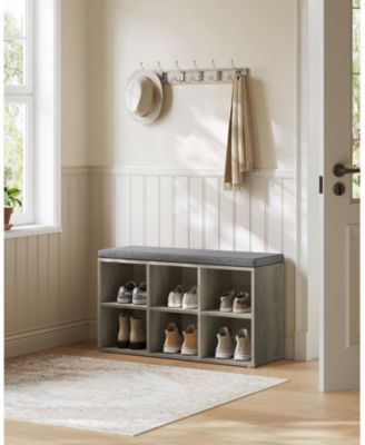 Cushioned Shoe Storage Bench with 6 Compartments, Heather Greige