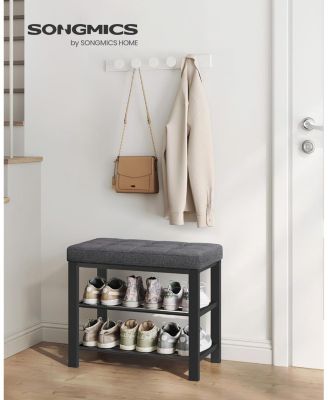 Modern Entryway Bench with cushion and Shoe Storage,  Dark Grey & Ink Black