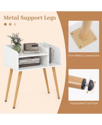 Mid Century Modern End Table with Open Shelves Metal Support Legs for Bedroom