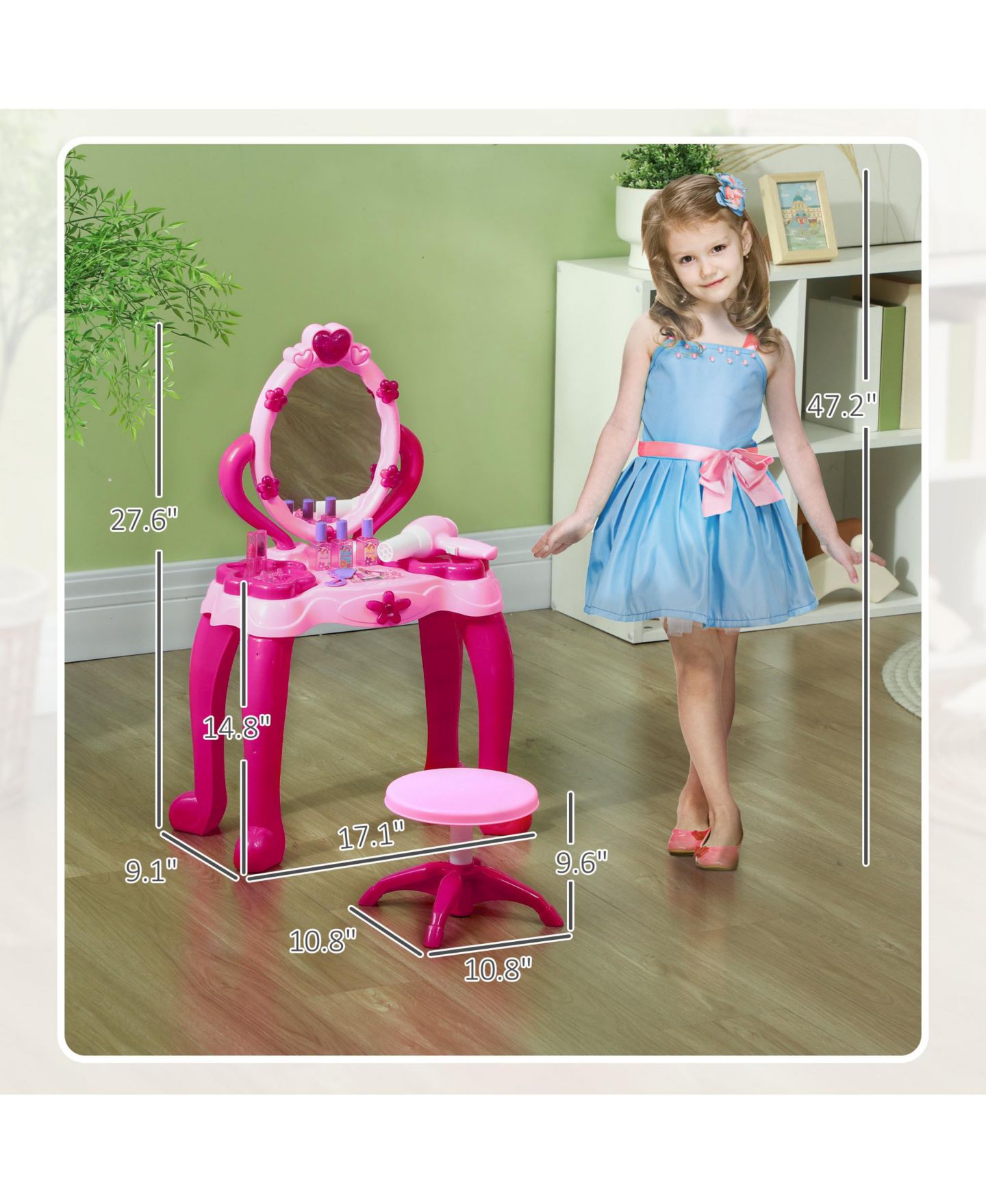 Детские игрушки Qaba Light-Up Mirror Vanity Set with Stool, 15-Piece, Ages 3+ — фото 4