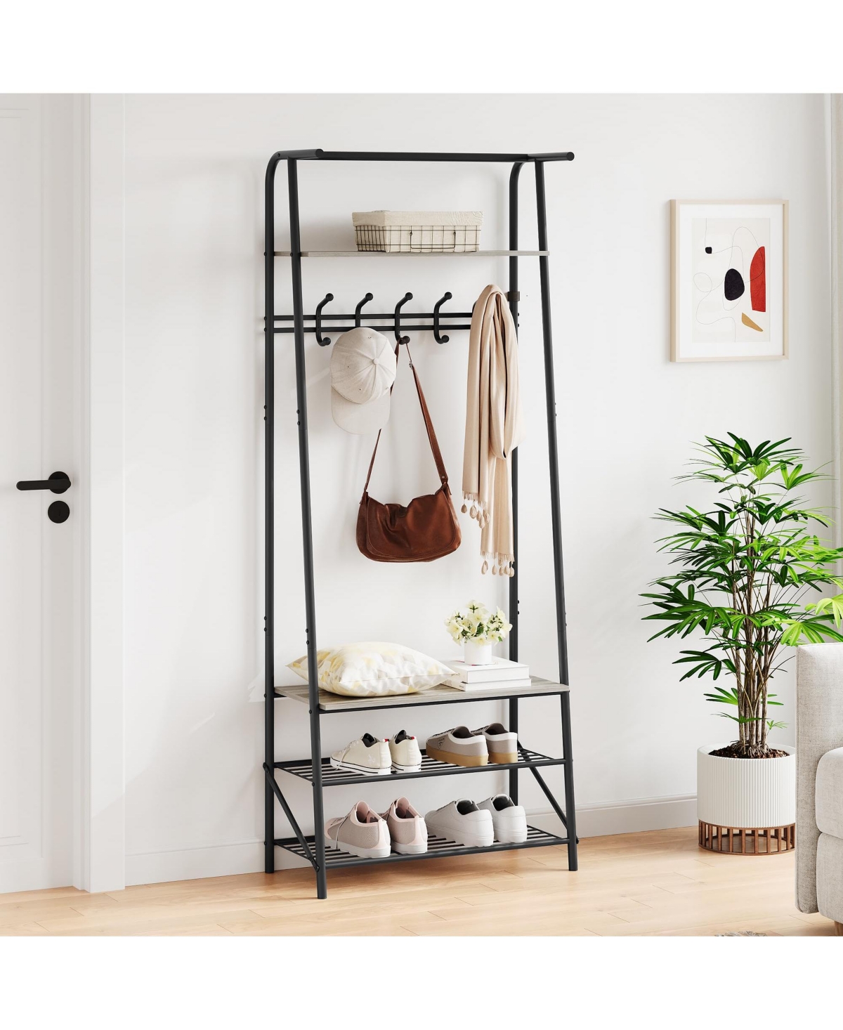 gaomon Coat Rack Shoe Bench with 5 Hooks, Hall Trees Entryway Bench with Storage, Multifunctional Hallway Organizer - Black