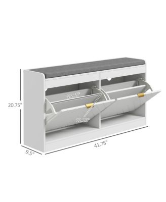 Shoe Bench with 2 Flip Drawers, Cushion, 8 Pairs for Entryway, White