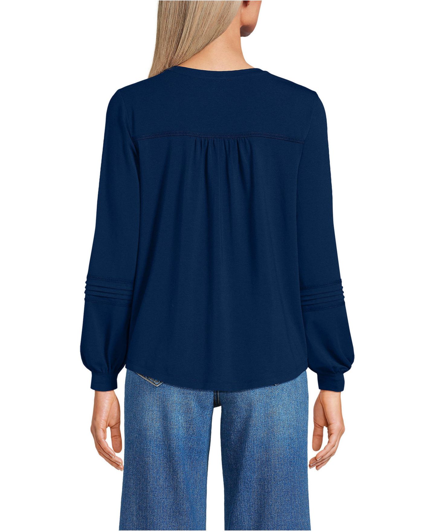 Женский топ Lands' End Long Sleeve Lightweight Jersey Pintuck Embroidery, цвет: Морской тёмно-синий — фото 2