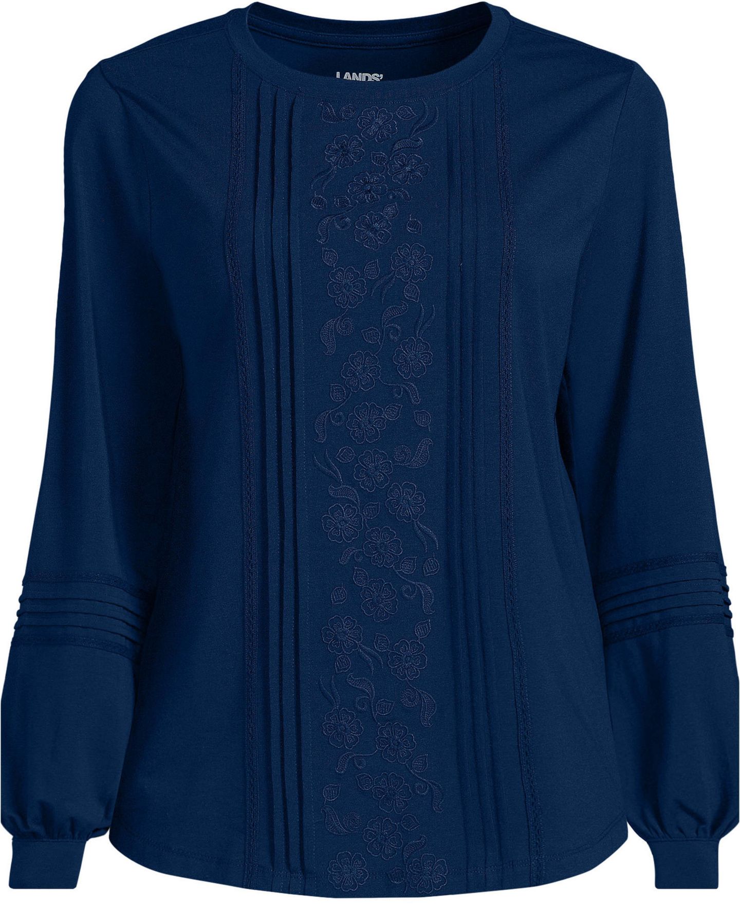Женский топ Lands' End Long Sleeve Lightweight Jersey Pintuck Embroidery, цвет: Морской тёмно-синий — фото 3