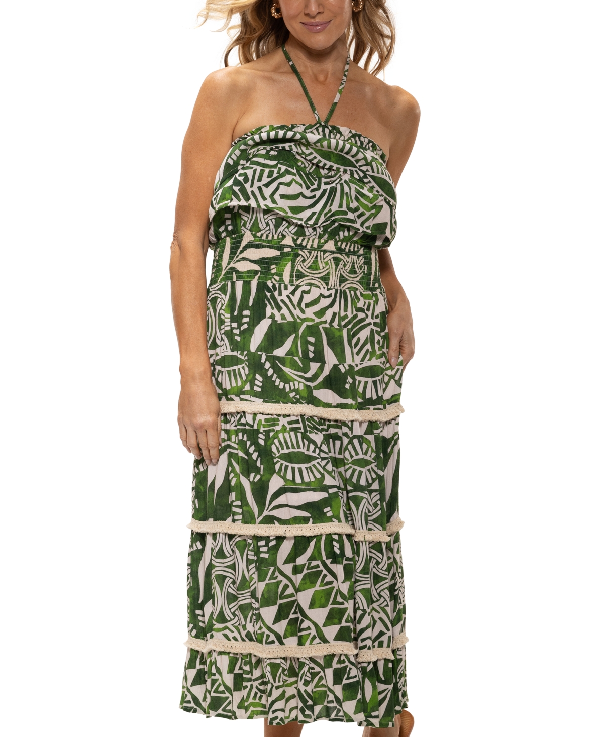 DOTTI WOMEN'S RUFFLED SMOCKED-WAIST TIERED COVER-UP DRESS 