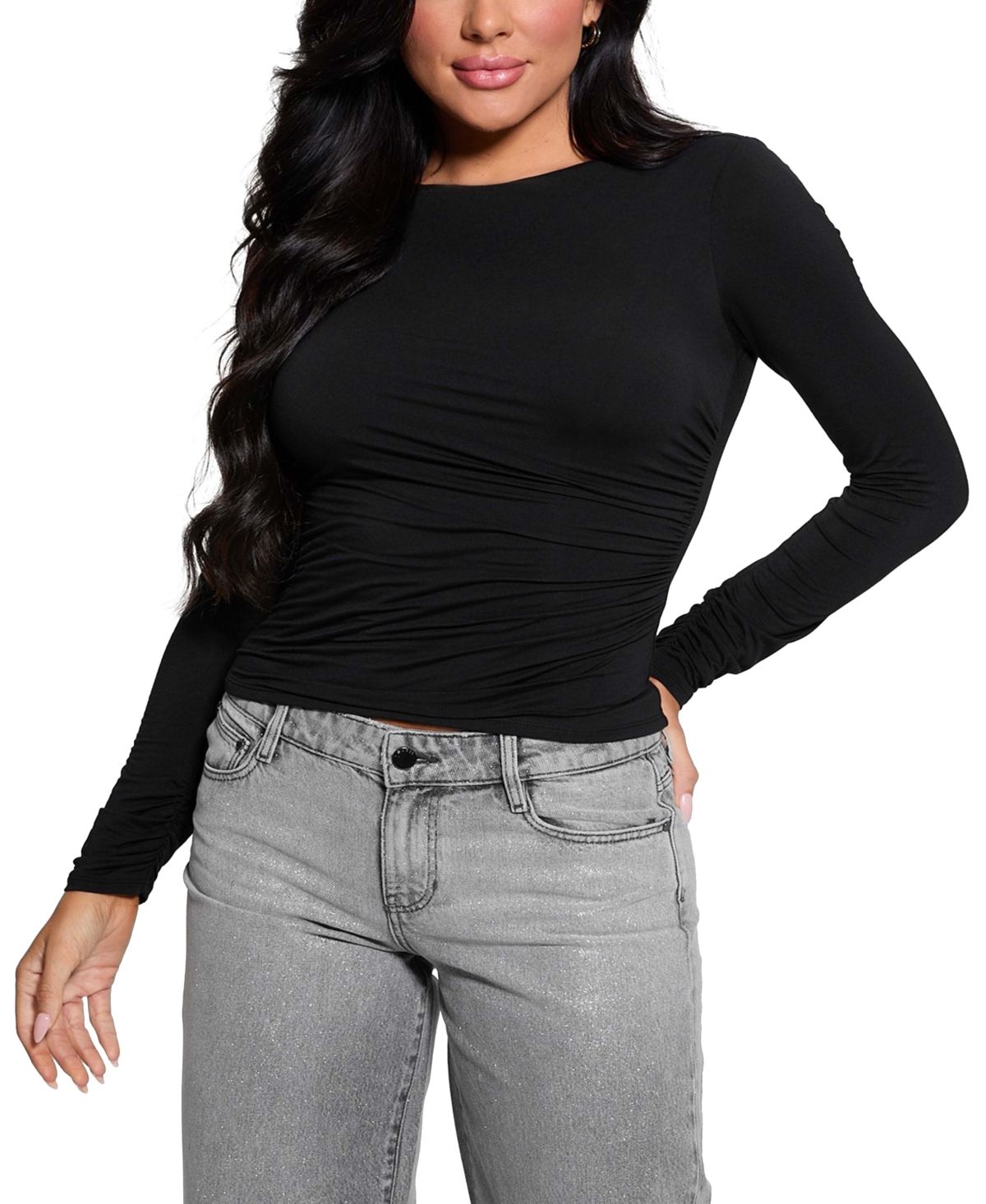 Guess Women's Long-Sleeve Shirred Top - JET BLACK A996