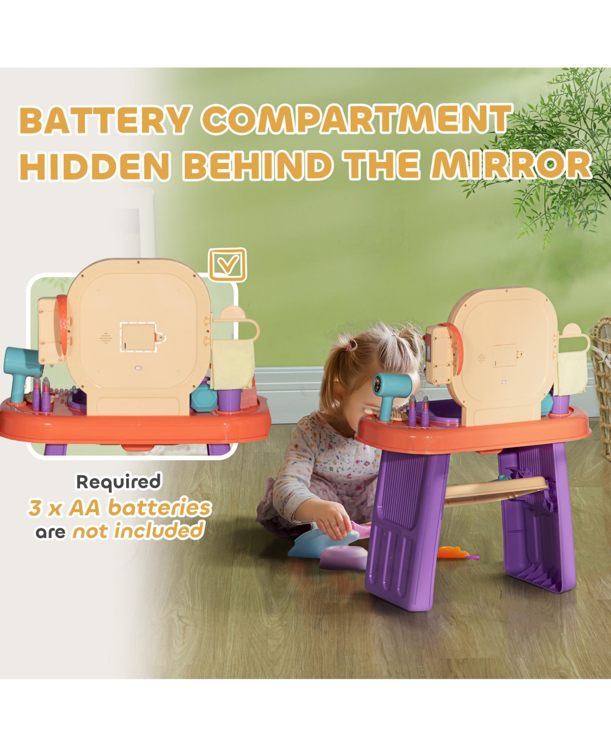 Qaba Kids Vanity Set with Mirror, Led Light, Music, 23 Accessories