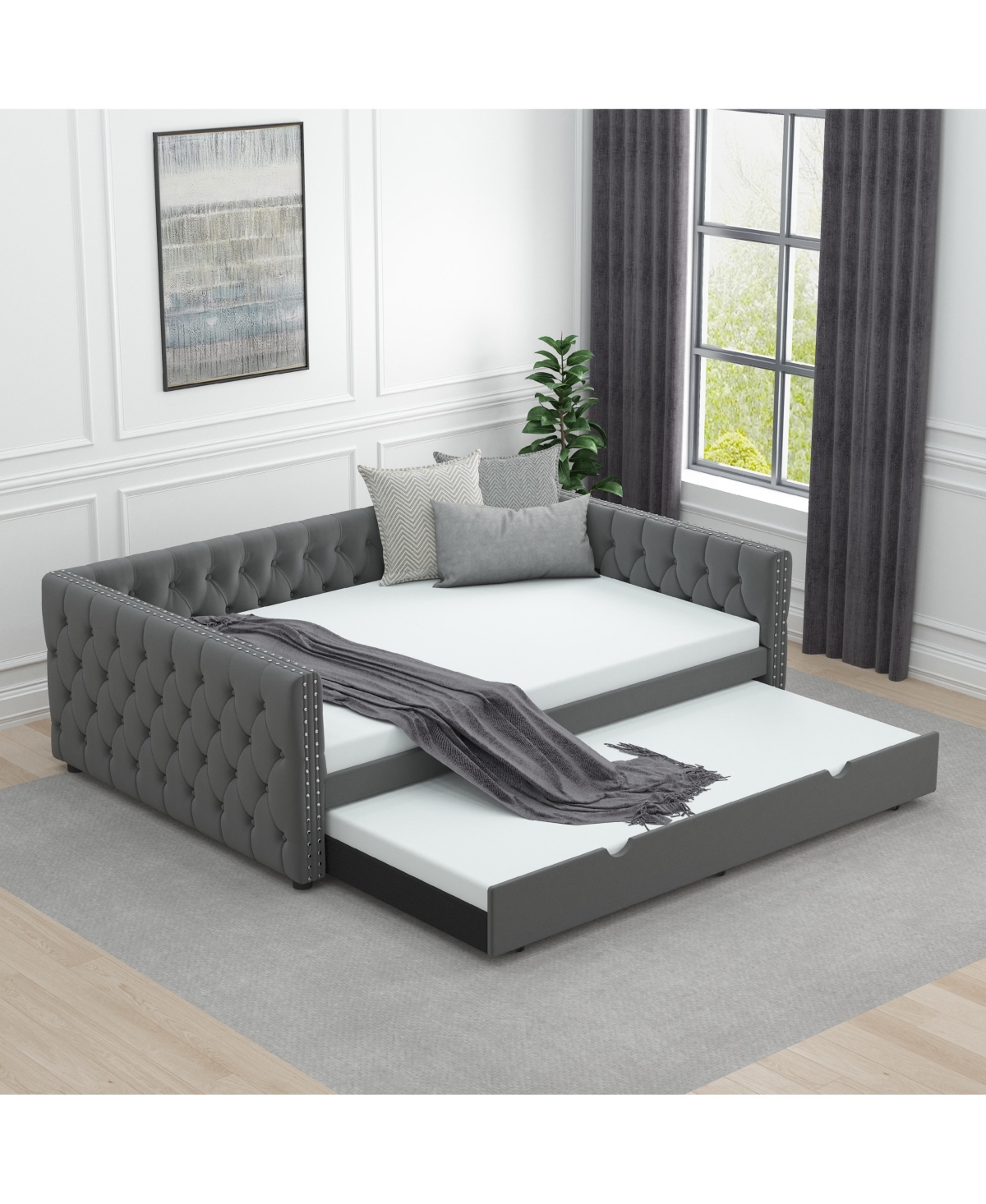 Slickblue Velvet Upholstered Daybed with Trundle - Tufted Full Sofa Bed for Bedroom or Guest Room