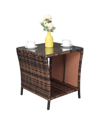 Brown Gradient Iron Frame Rattan Side Table with Glass Surface - Elegant Design