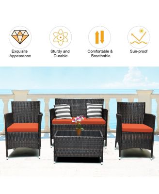 4 Pieces Comfortable Outdoor Rattan Sofa Set with Glass Coffee Table