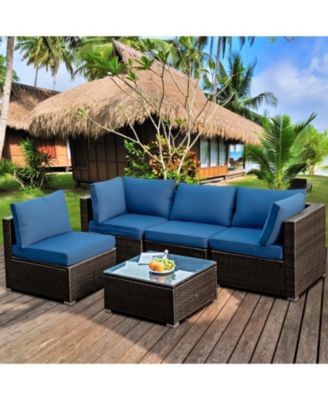 5 Pieces Cushioned Patio Rattan Furniture Set with Glass Table