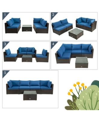 5 Pieces Cushioned Patio Rattan Furniture Set with Glass Table