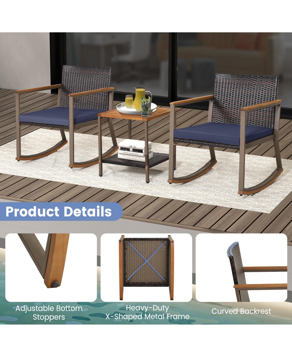 Sugift 3 Pieces Rattan Rocking Bistro Set with Coffee Table and Cushions