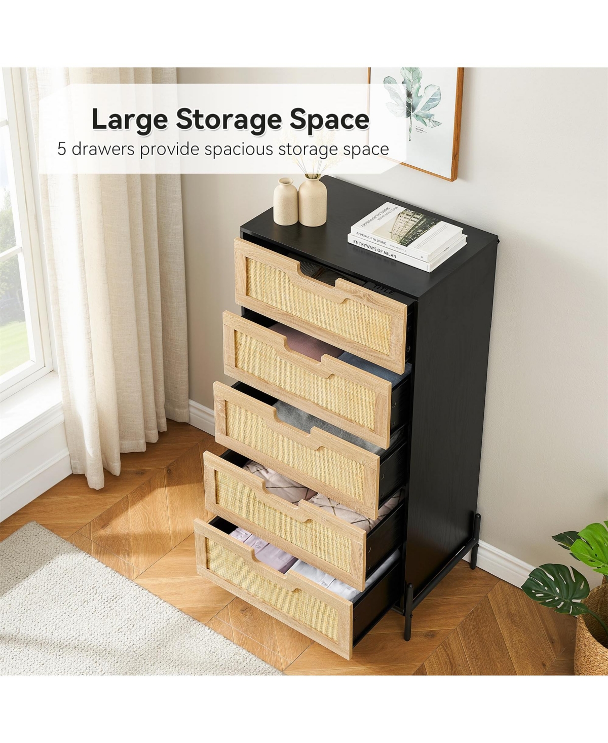 gaomon Modern Rattan 5 Drawers Dresser, Double Dresser for Bedroom, Chest of Drawers Closet Organizers and Storage Clothes