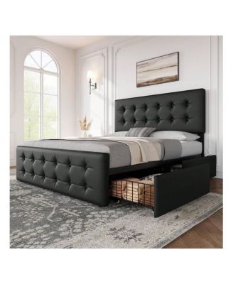 gaomon Linen Upholstered Bed Frame with Headboard, 4 Storage Drawers, Wooden Slats, Button Tufted Design, No Box Spring Needed, Easy to Assemble - Full