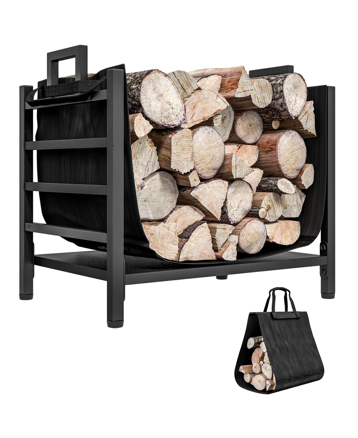 Firewood Rack with Log Carrier, Indoor Outdoor Wood Storage Holder - Black