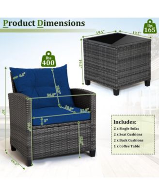 3 Pieces Outdoor Wicker Conversation Set with Tempered Glass Tabletop