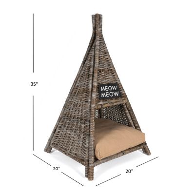 Tiki Tent 20" x 20" Coastal Handwoven Rattan Pet Bed with Machine-Washable Cushion, Kubu Gray