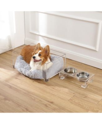 Billie 24" x 15.75" Small Modern Acrylic Calming Fluffy Pet Bed with Washable Cushion and 4" Elevated Pet Feeder with 27 oz 2-Stainless Steel Bowls, Light Gray/Clear (Set of 2)