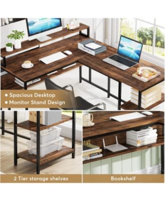 Reversible Corner Computer Desk with Storage Shelves,59 Inch L Shaped Desk with Monitor Stand,Study Writing Table Workstation for Home Office, Rustic Brown