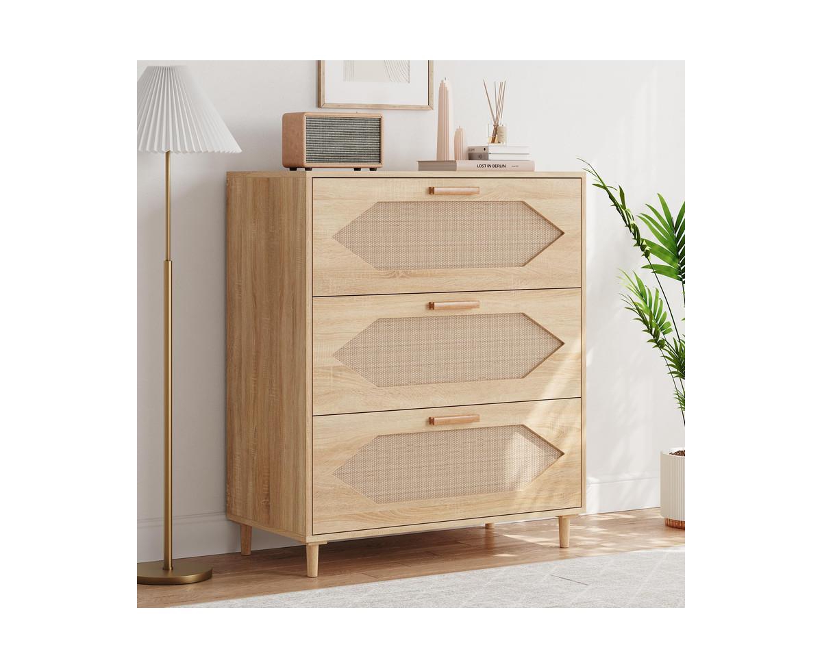 gaomon Dresser for Bedroom with 3 Drawers, Rattan Dresser with Spacious Storage, Modern Wooden Closet Dressers Chest of Drawers, Wood Nightstand for B