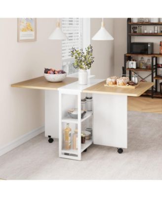 Folding Dining Table, Drop Leaf Dining Table with 6 Wheels and 2-Layer Storage Shelf, Space Saving Dining Table for Small Spaces Collapsible Expandable Rectangle for Dining/Kitchen Room