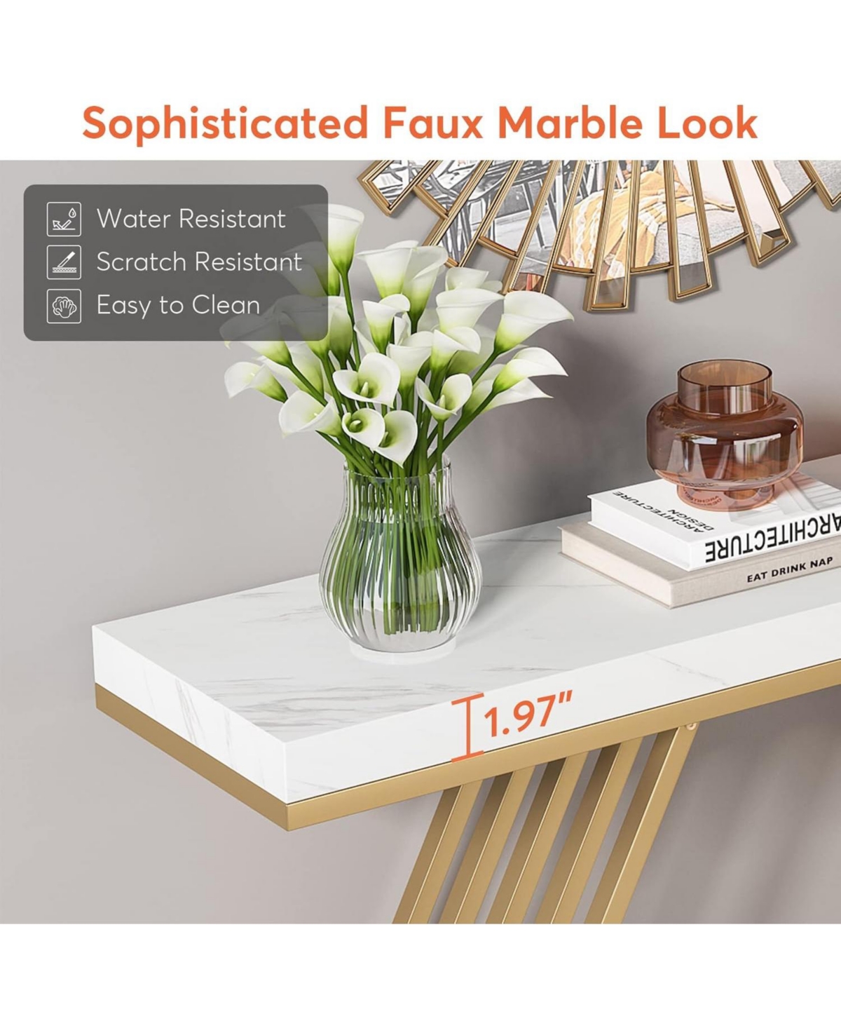 Tribesigns inches Modern Gold Console Table with Geometric Metal Base, White Faux Marble Narrow Entryway Table Foyer Table - White and gold