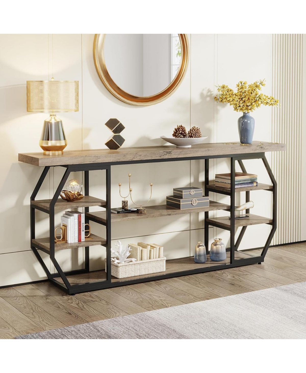 Tribesigns Industrial Sofa Table Behind Couch with 6 Storage,70.9 Extra Long Console Table