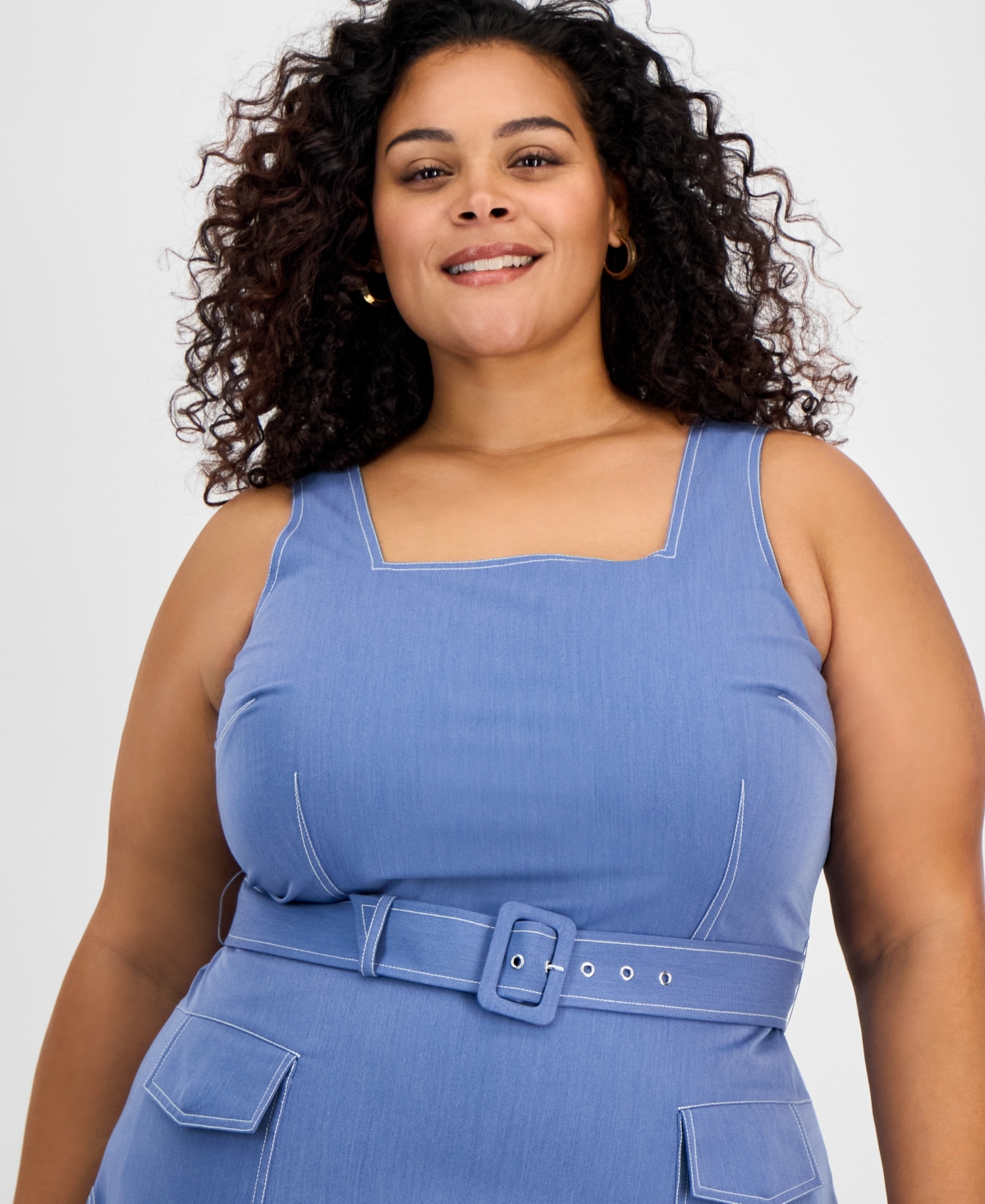 TAHARI TAHARI PLUS SIZE DENIM BELTED SQUARE-NECK MIDI DRESS 