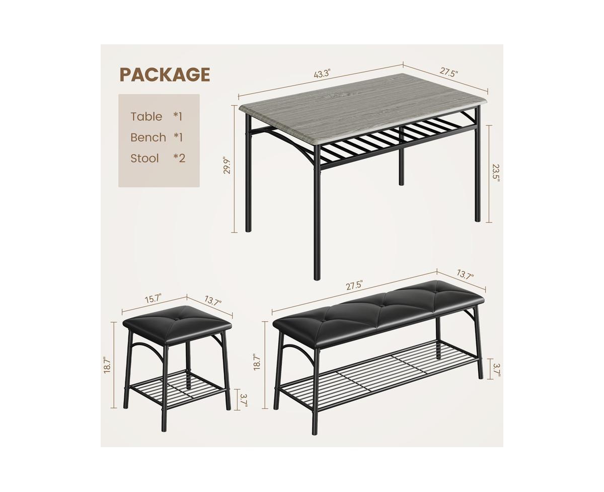 gaomon Dining Table with Benches, Kitchen Table Set for 4, Dining Room Table Set with Upholstered Bench and Square Stools, Metal and Wood Dining Table