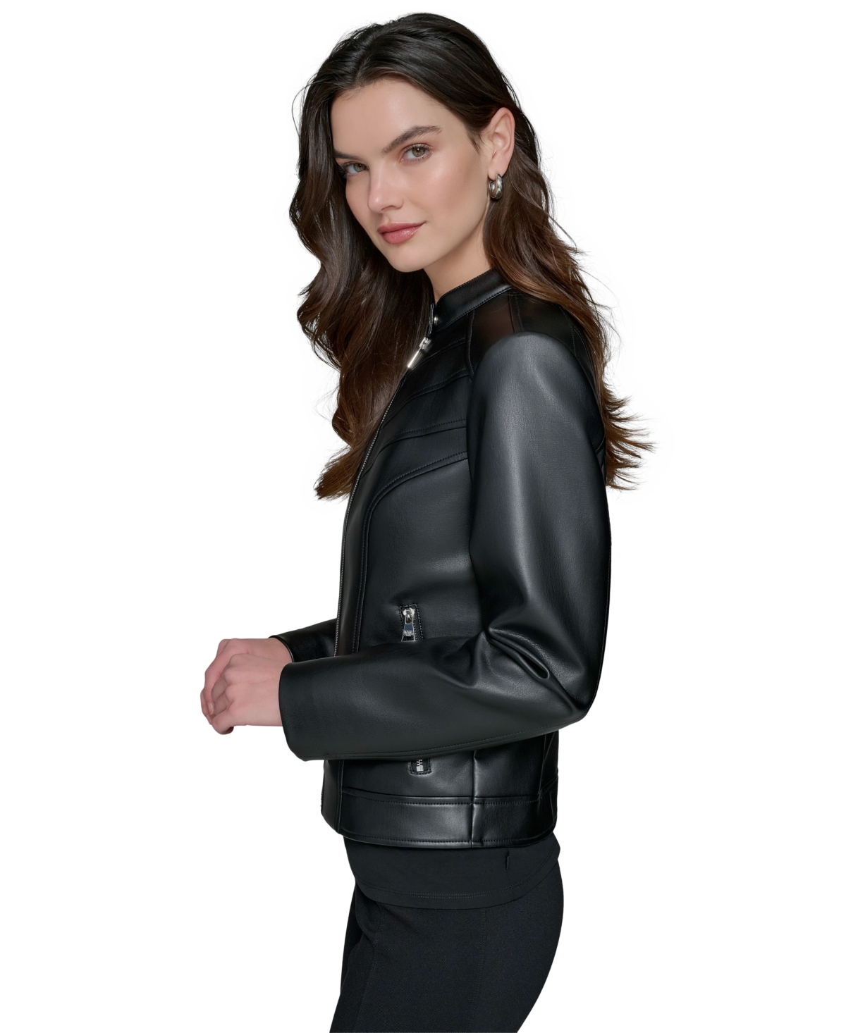 Shop Karl Lagerfeld Women's Fitted Mock-neck Faux-leather Jacket In Black