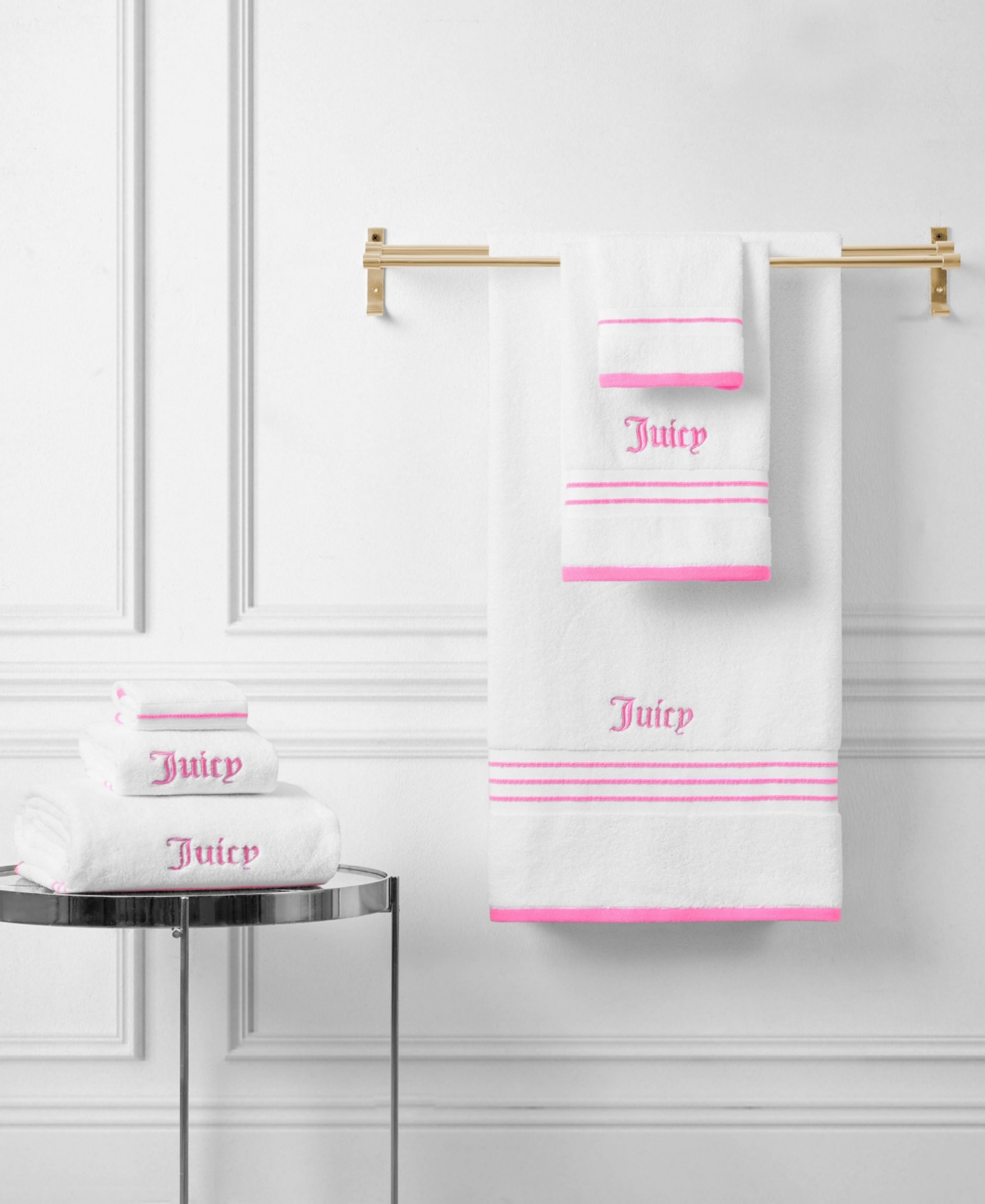 Shop Juicy Couture Neon Border Cotton 6-pc. Bath Towel Set In White,hot Pink