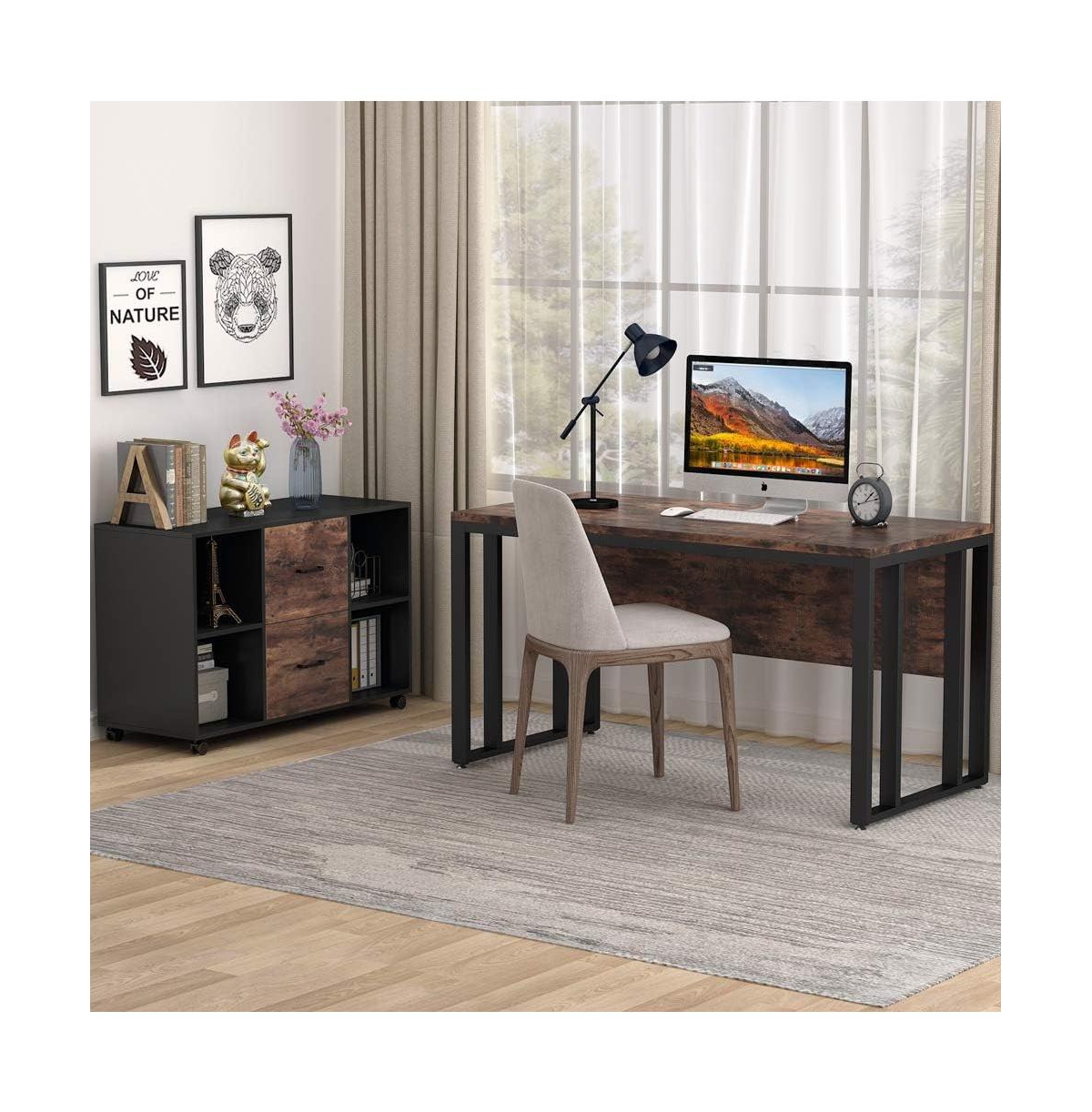 Tribesigns Mobile Lateral Filing Cabinet, 2 Drawer File Cabinet with Storage Shelves and Rolling Wheels - Black and brown