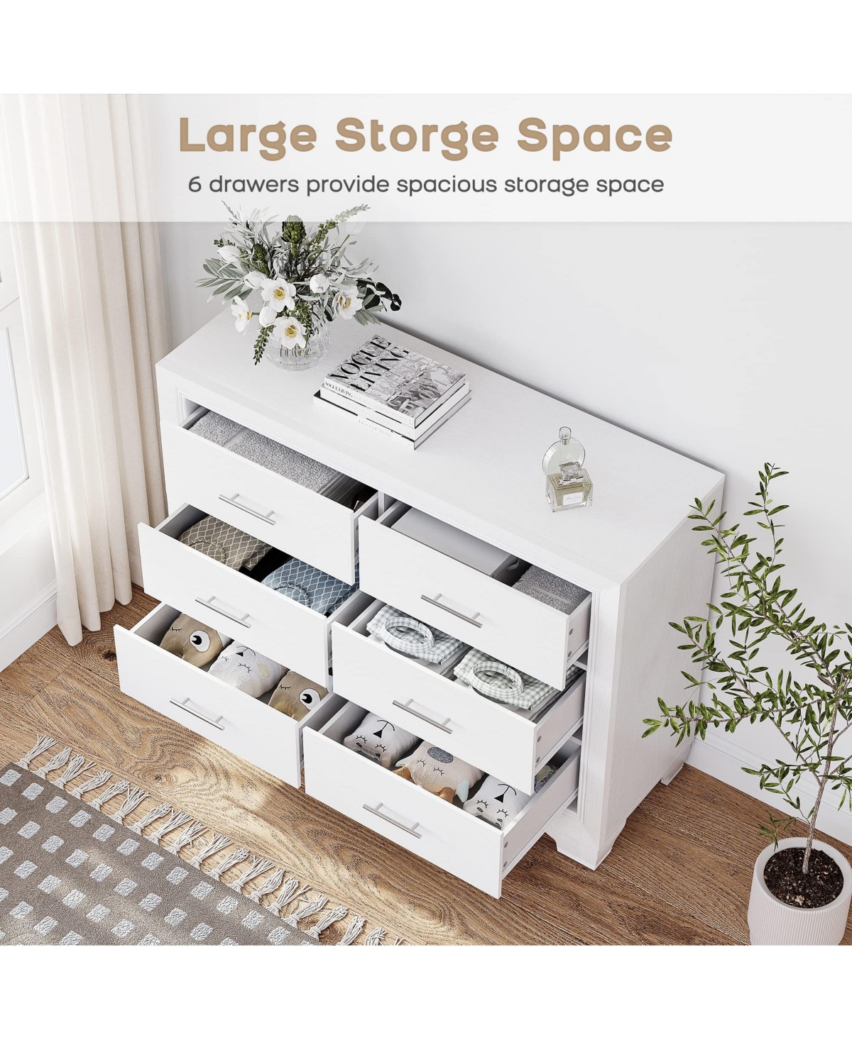 gaomon 6 Drawer Dresser for Bedroom, WoodenDresser, Modern Chest Dresser with Deep Drawers - White