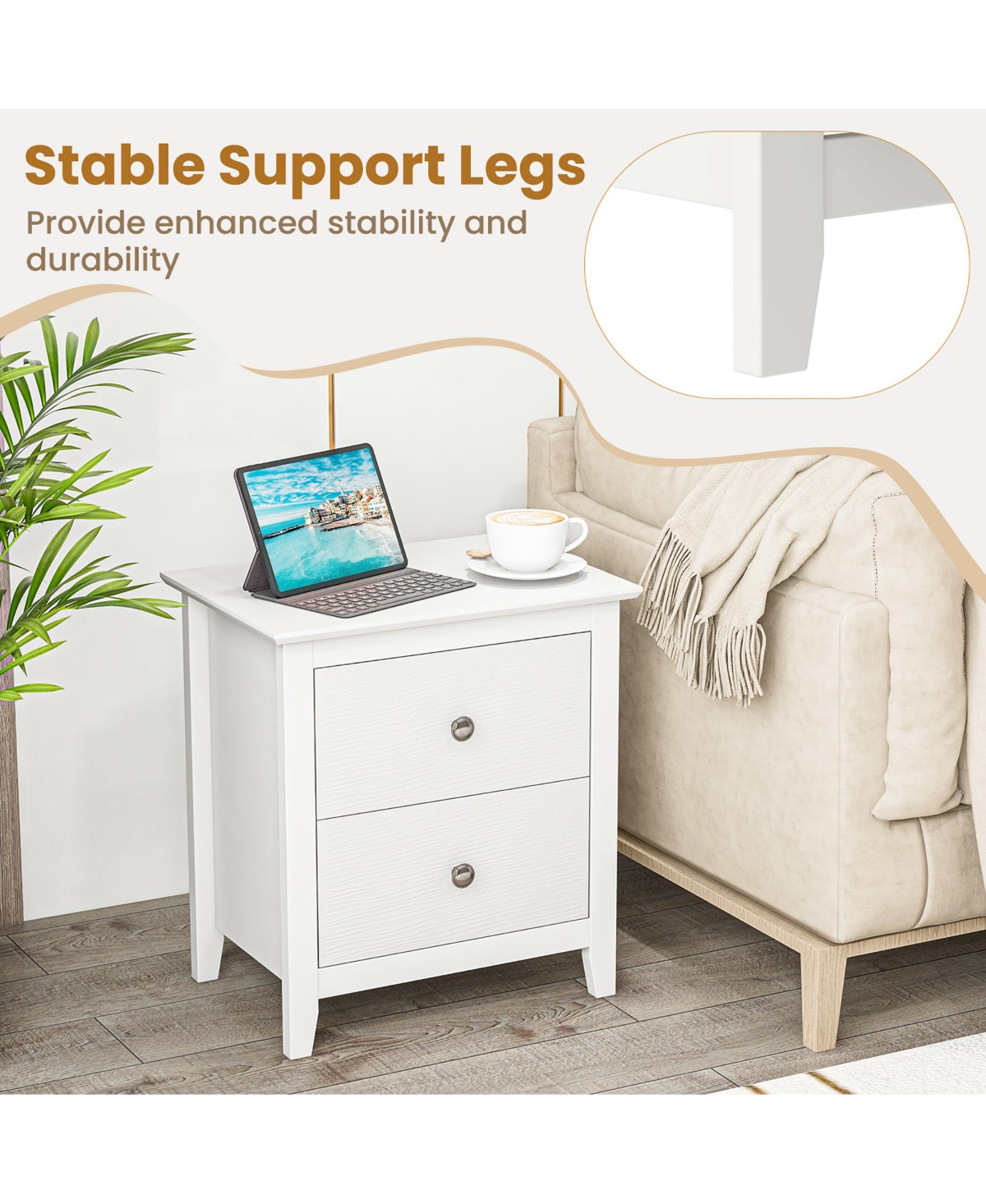 Gymax Modern Nightstand with Storage 2 Drawers & Support Legs for Bedroom- White