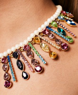 Gold-Plated Multicolor Crystal & Imitation Pearl Statement Necklace, 16" + 3" extender