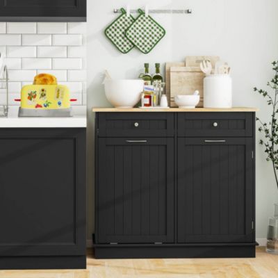 15.5 Gallon Kitchen Tilt Out Trash Cabinet Rubber Wood Tabletop 2 Drawers