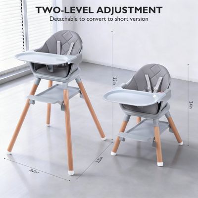Kids Convertible Wooden HighChair with Adjustable Legs & Removable Double Tray