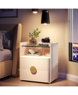 2-Drawer Modern Nightstand with Open Storage Space and Gold Round Metal Legs,Wood Bed Side Table for Bedroom,Living Room