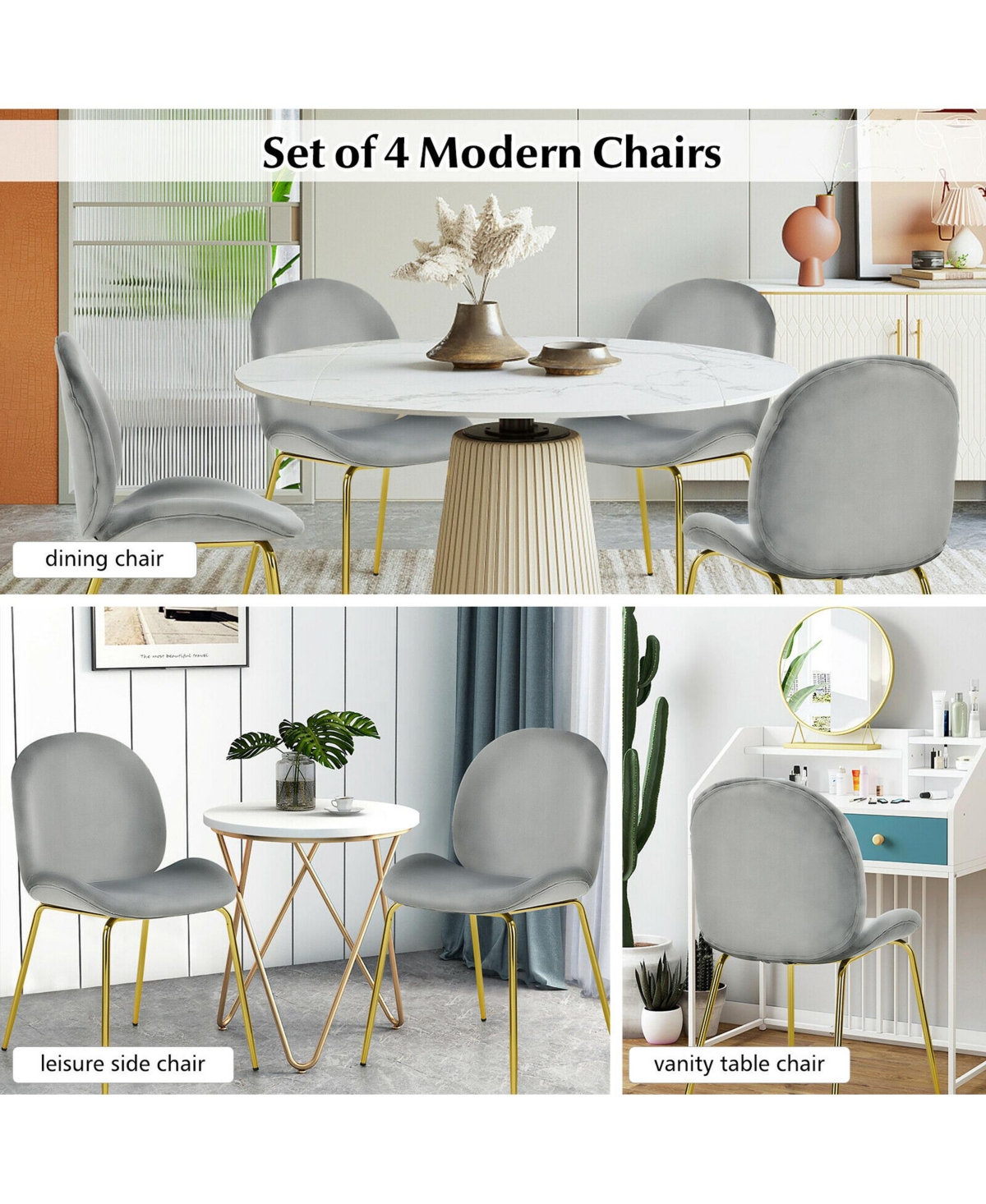 Gymax 4PCS Velvet Dining Chair Accent Leisure Chair Armless Side Chair Green - Grey+gold